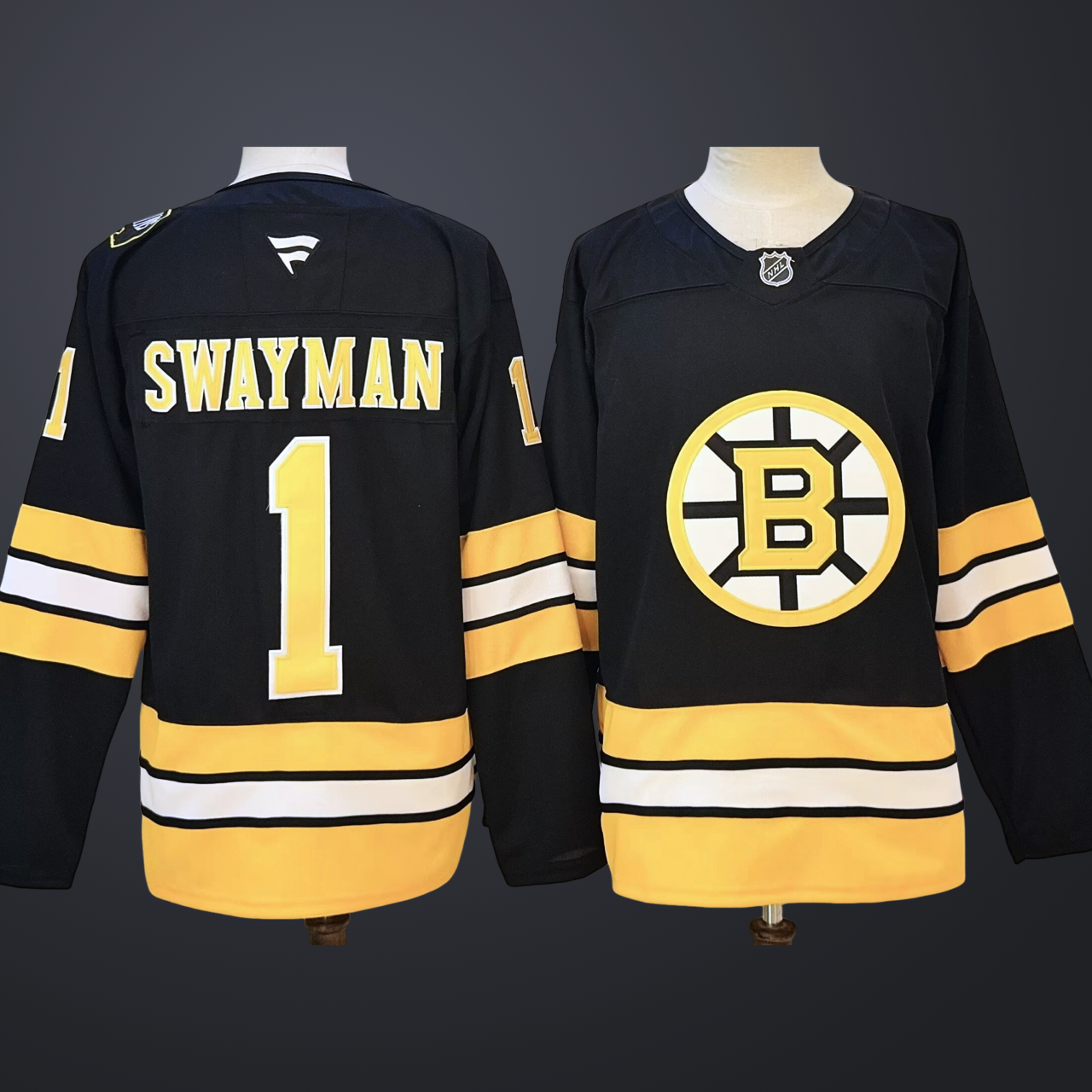 Men's Boston Bruins #1 Jeremy Swayman Black 100th Anniversary Stitched Hockey