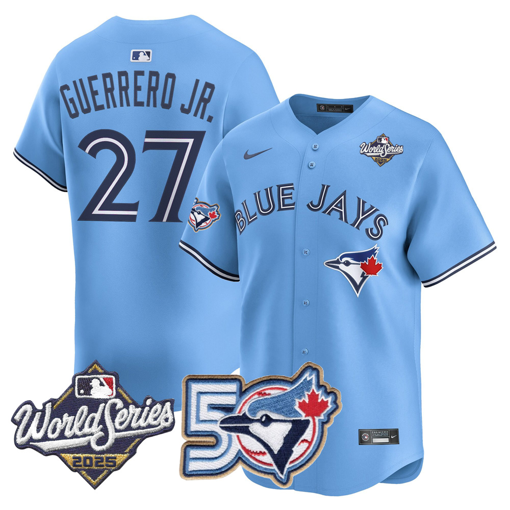 Men/Women/Youth Blue Jays 50th Patch 2025 World Series Powder Blue #27 Guerrero JR. Stitched Jersey