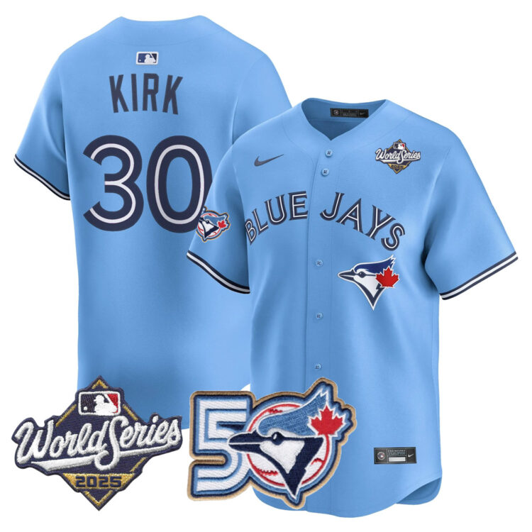 Men/Women/Youth Blue Jays 50th Patch 2025 World Series Powder Blue #30 Kirk Stitched Jersey