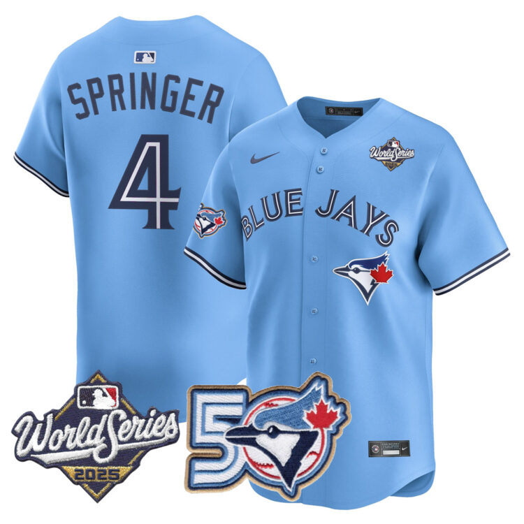 Men/Women/Youth Blue Jays 50th Patch 2025 World Series Powder Blue #4 Springer Stitched Jersey