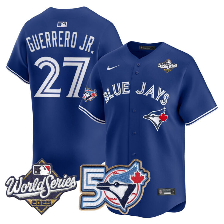 Men/Women/Youth Blue Jays 50th Patch 2025 World Series Royal #27 Guerrero JR. Stitched Jersey