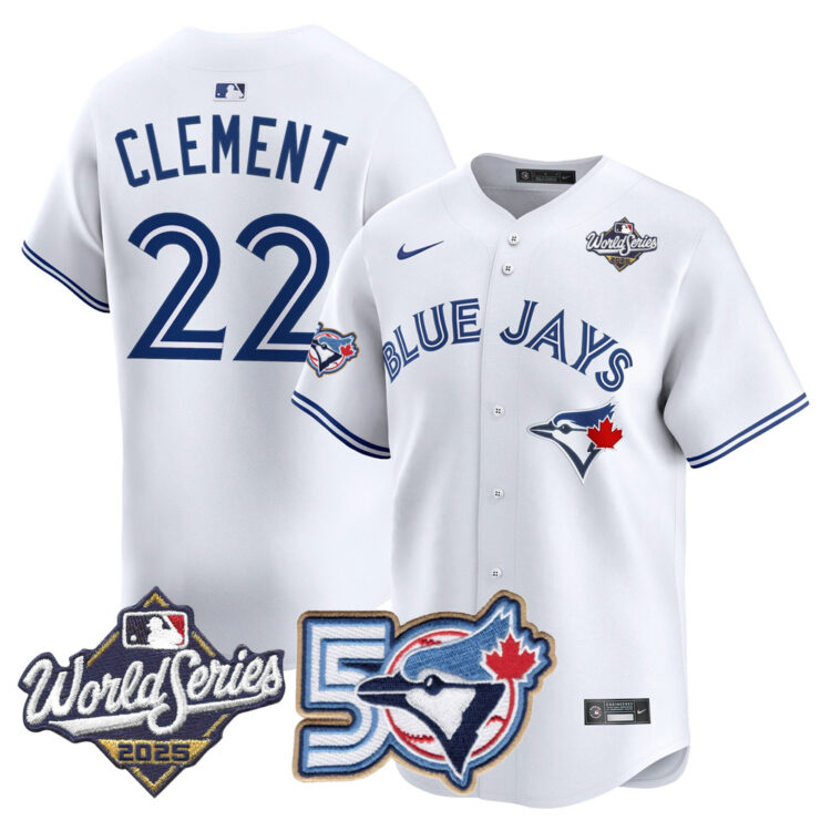 Men/Women/Youth Blue Jays 50th Patch 2025 World Series White #22 Clement Stitched Jersey