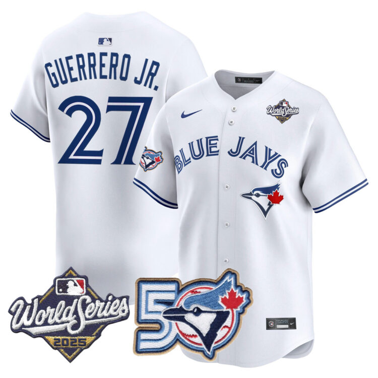 Men/Women/Youth Blue Jays 50th Patch 2025 World Series White #27 Guerrero JR. Stitched Jersey