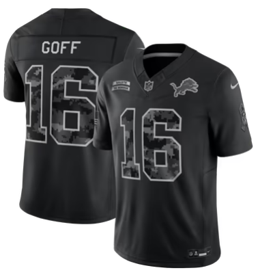 Men's Detroit Lions #16 Jared Goff 2026 Salute to Service Limited Stitched Black Jersey