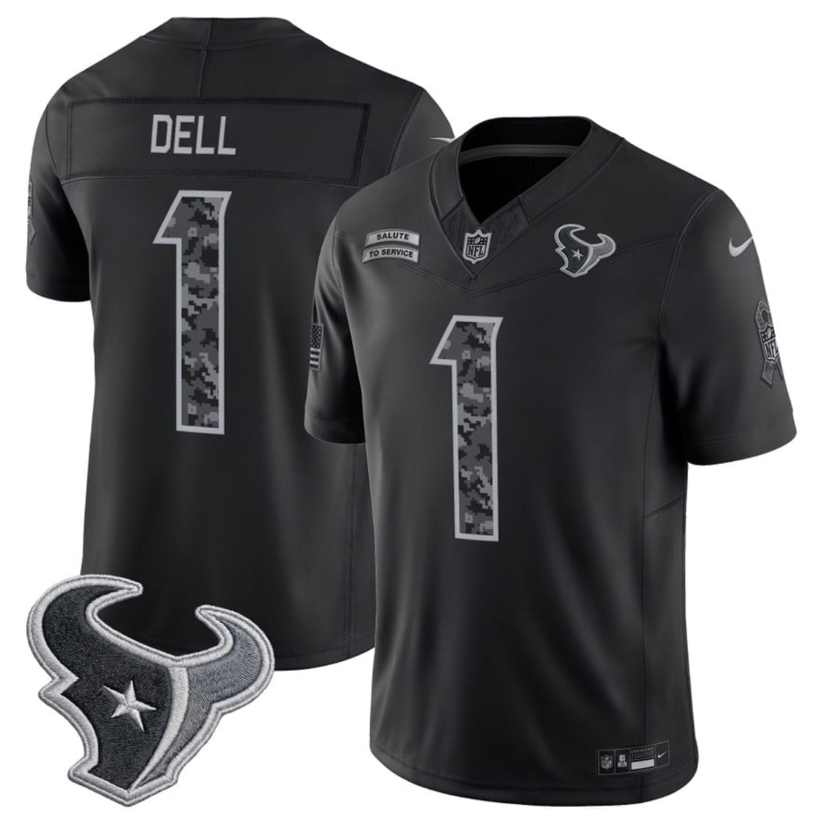 Men's Houston Texans #1 Tank Dell 2026 Salute to Service Limited Stitched Black Jersey