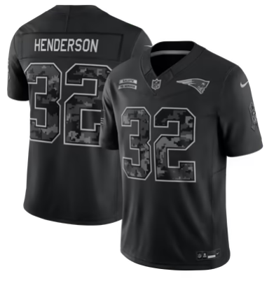 Men's New England Patriots #32 TreVeyon Henderson 2026 Salute to Service Black Limited Stitched Jersey