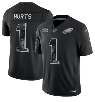 Men's Philadelphia Eagles #1 Jalen Hurts 2026 Salute to Service Black Limited Stitched Jersey