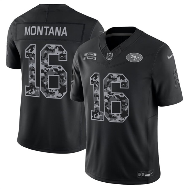 Men's San Francisco 49ers #16 Joe Montana 2026 Salute to Service Black Limited Stitched Jersey