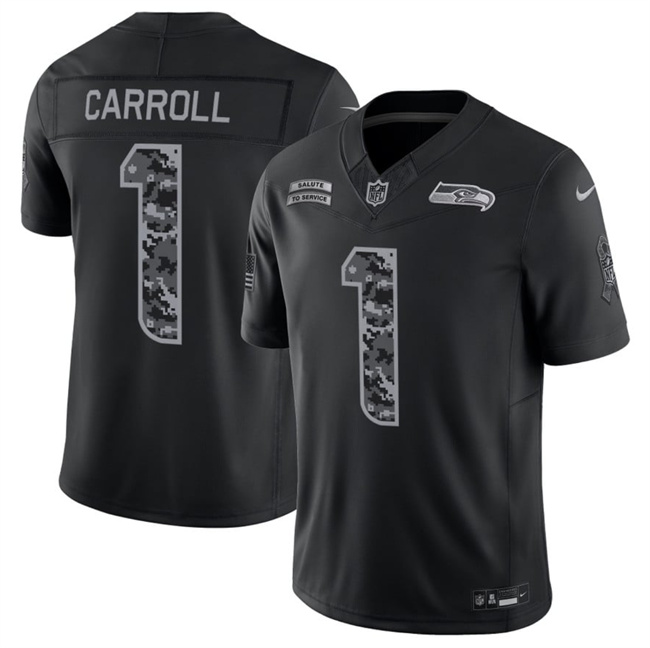 Men's Seattle Seahawks #1 Pete Carroll 2026 Salute to Service Black Limited Stitched Jersey